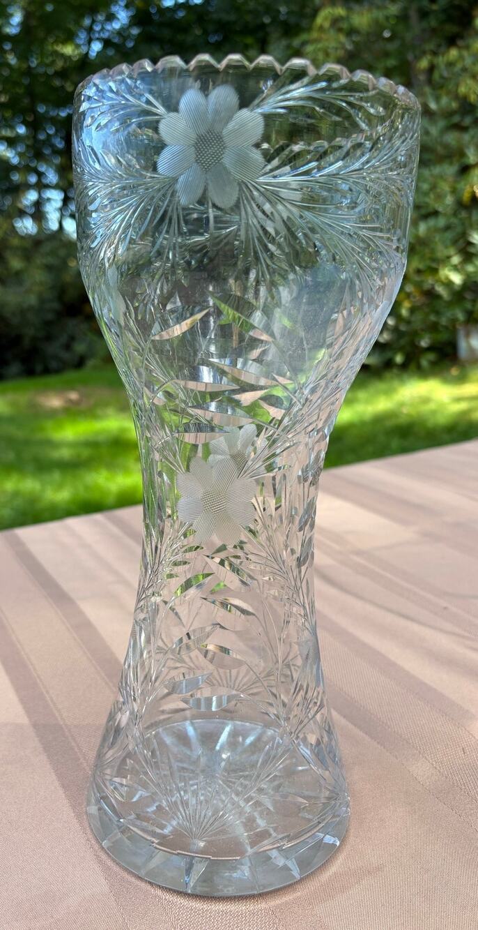 Vintage Heavy Cut Crystal Vase 12” Etched Floral Fern Sawtooth Rim 4 lb 10 oz
